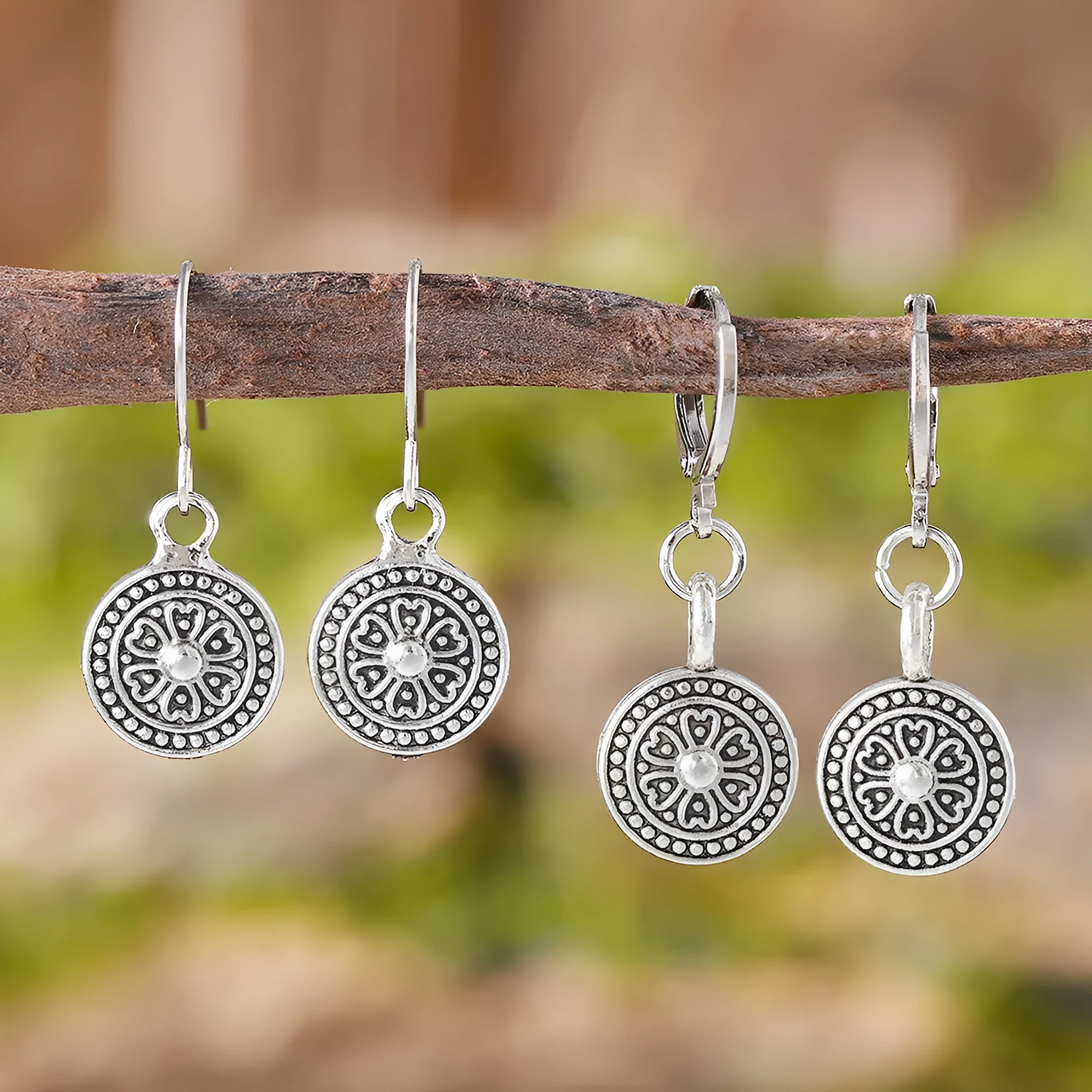 Round geometric bohemian earrings with distressed ethnic retro design in zinc alloy with electroplated finish