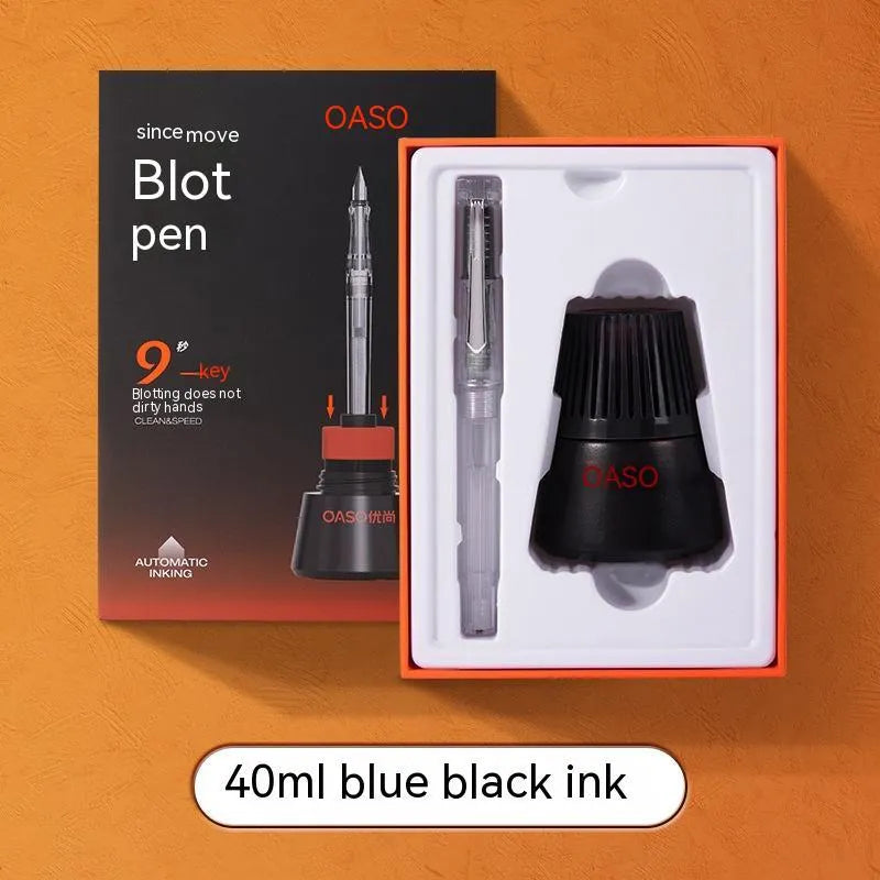 Automatic suction pen set with plastic body, two metal tip options, and a separate 40ml ink feeder tank.
