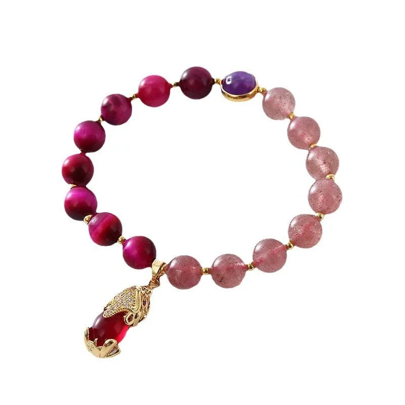 Simple strawberry crystal bracelet for women on a black elastic rope, 18cm long.