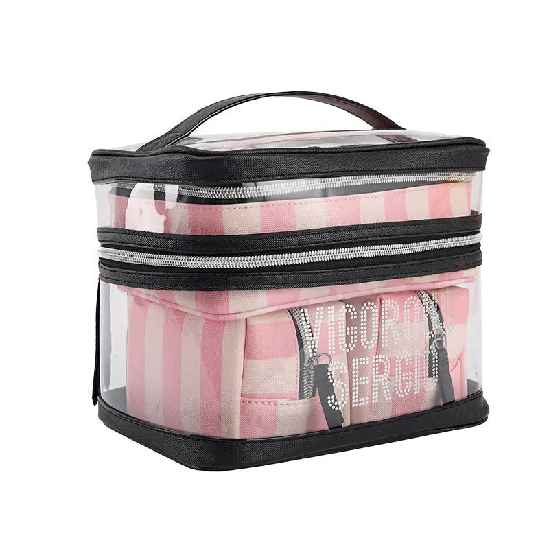 Pink bold stripes waterproof makeup bag with floral design in European American retro style