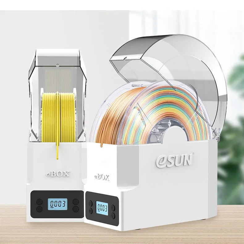 eBOX Lite 3D printing filament drying storage box with wire heating system and multiple plug options.
