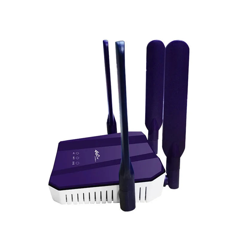 Blue 4G all network communication dual mode router with four external antennas showing front panel and dimensions
