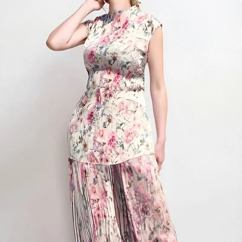 Long sleeve printed chiffon two-piece dress set with lace trim top and high waist maxi skirt