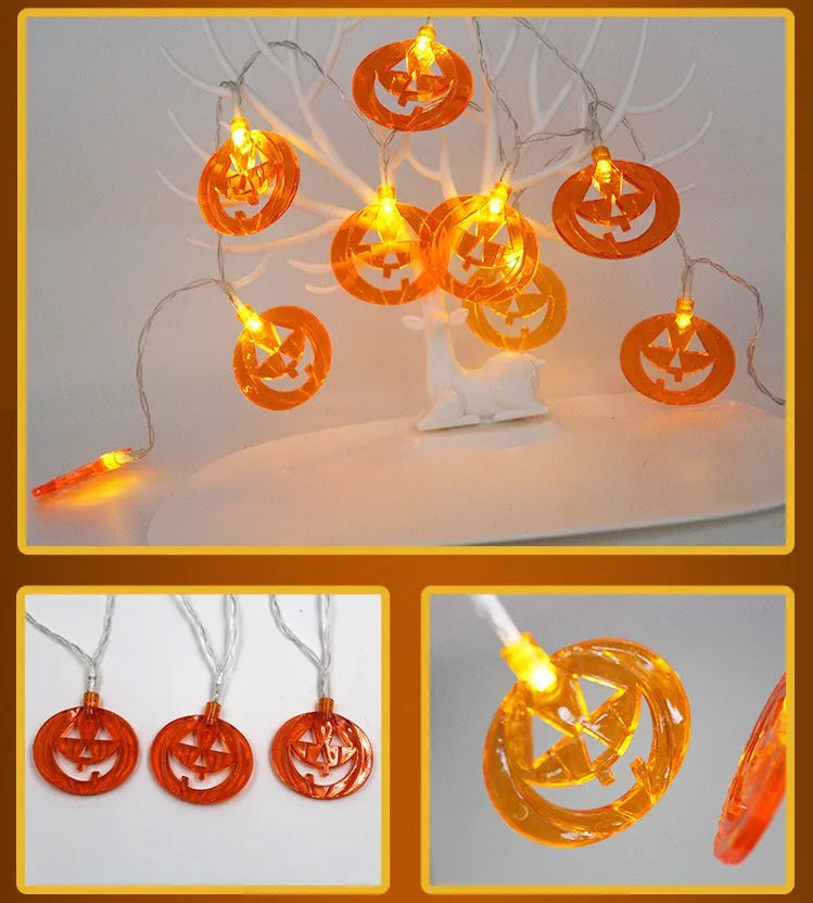 Halloween pumpkin LED string lights with ghost and bat decorations