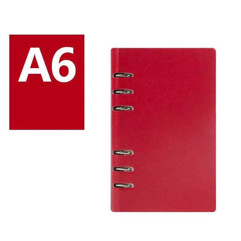 Loose-leaf business notebook with imitation leather cover in five colour options, shown in A5, A6, and B5 sizes.