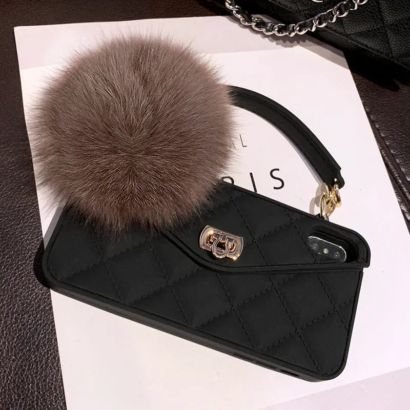 Dark green grid patterned TPU hairball phone case for iPhone, showing plush texture on back cover.