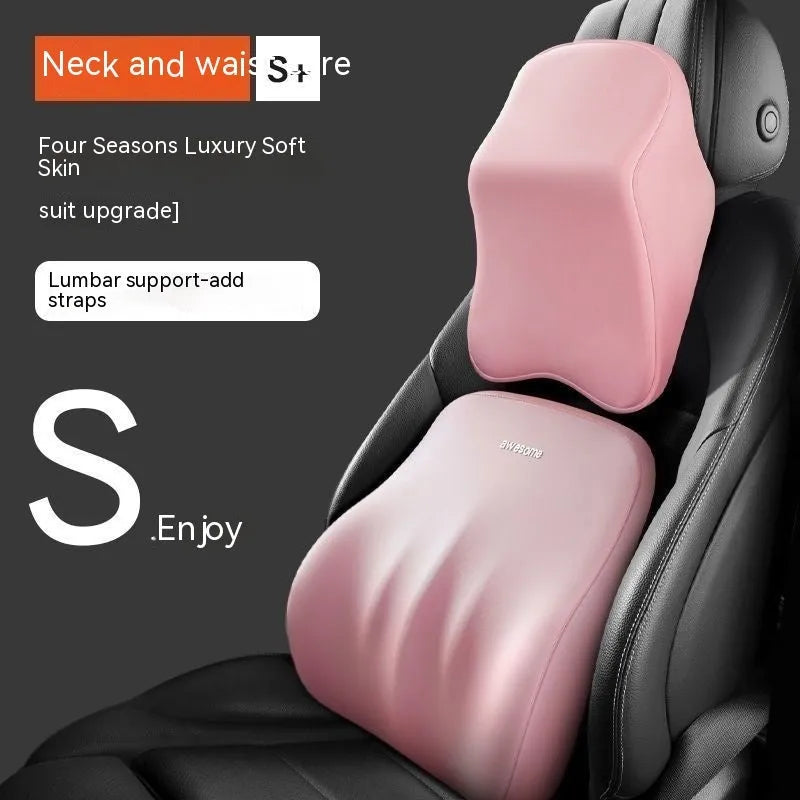Black memory foam car headrest pillow and lumbar support pillow with removable cotton covers.