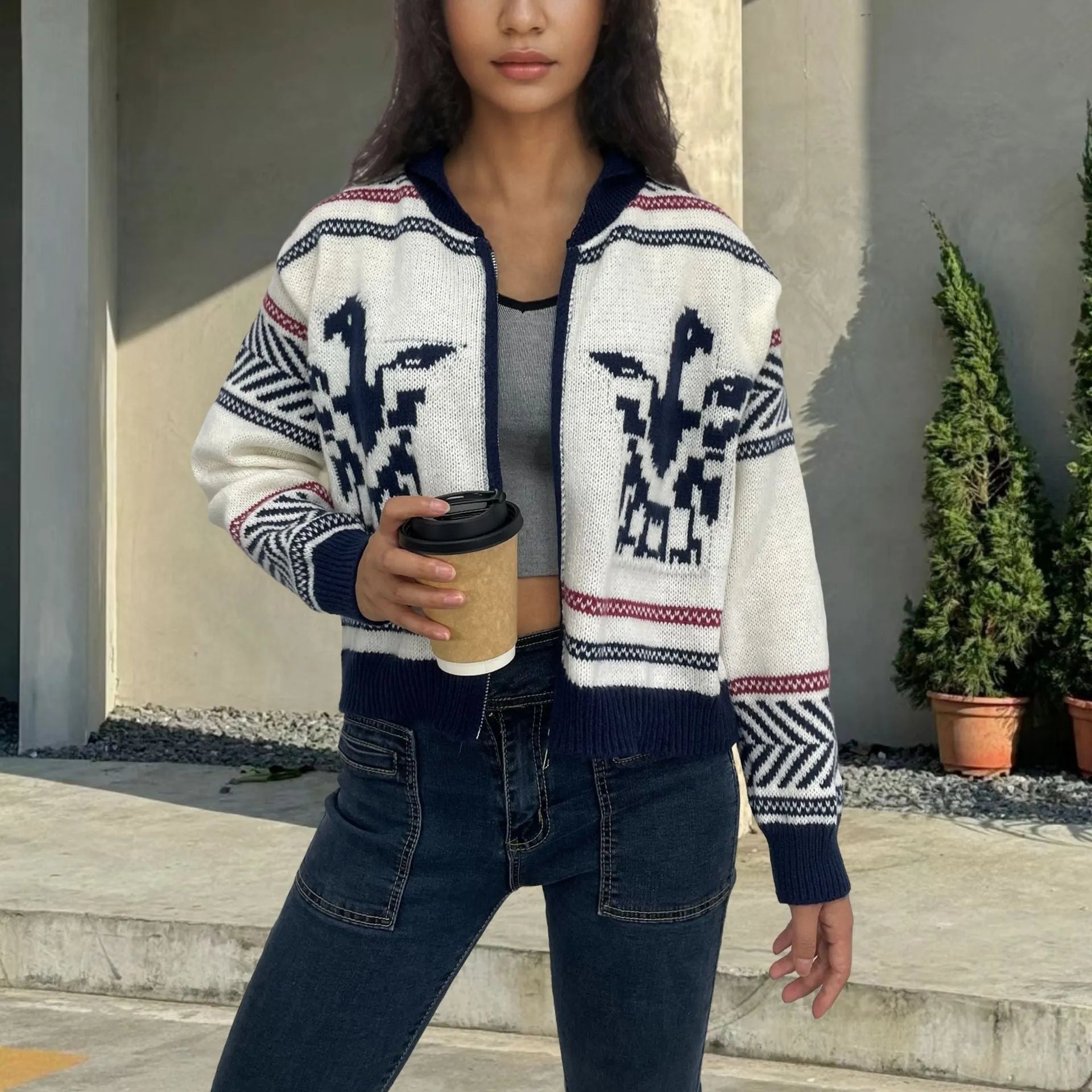 White women's jacquard cardigan with contrast colour stripes and full zip front