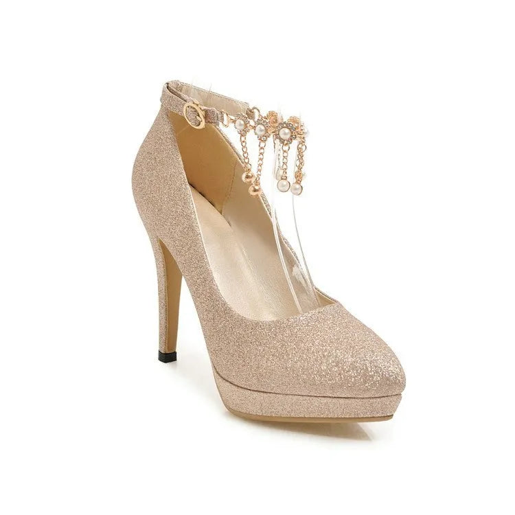 Blue women's platform high heel with stiletto heel and pointed toe on a plain background.