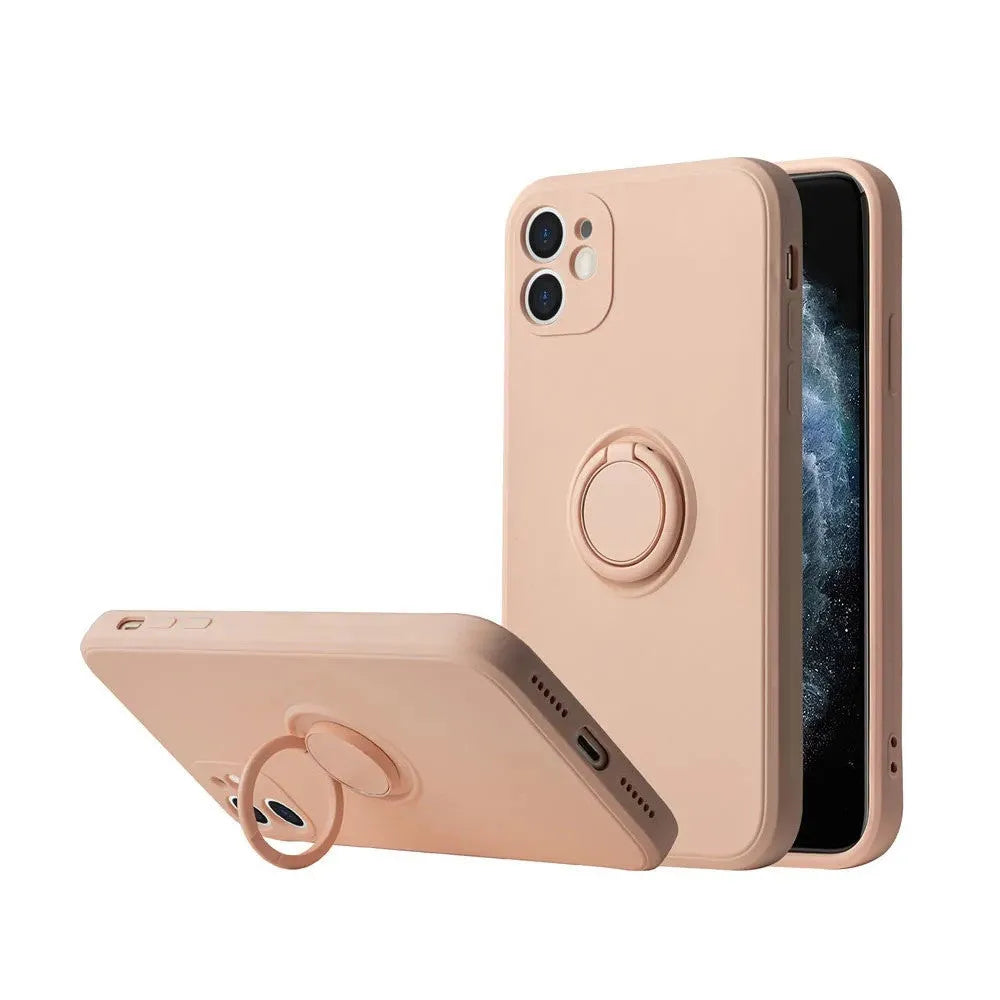Liquid silicone iPhone 12 case with an integrated ring holder on the back, shown in a choice of colours.
