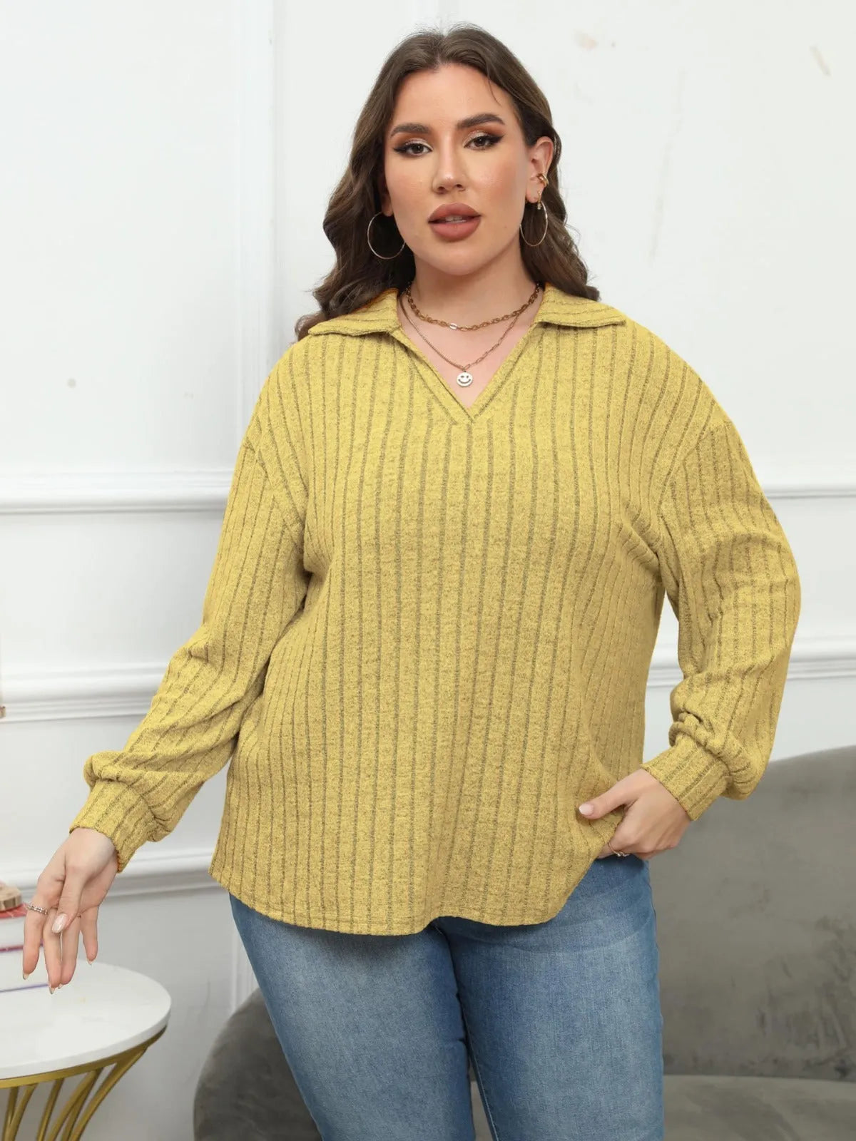 Women's plus size polo collar Gothic shirt with lantern sleeves in melange gray polar fleece