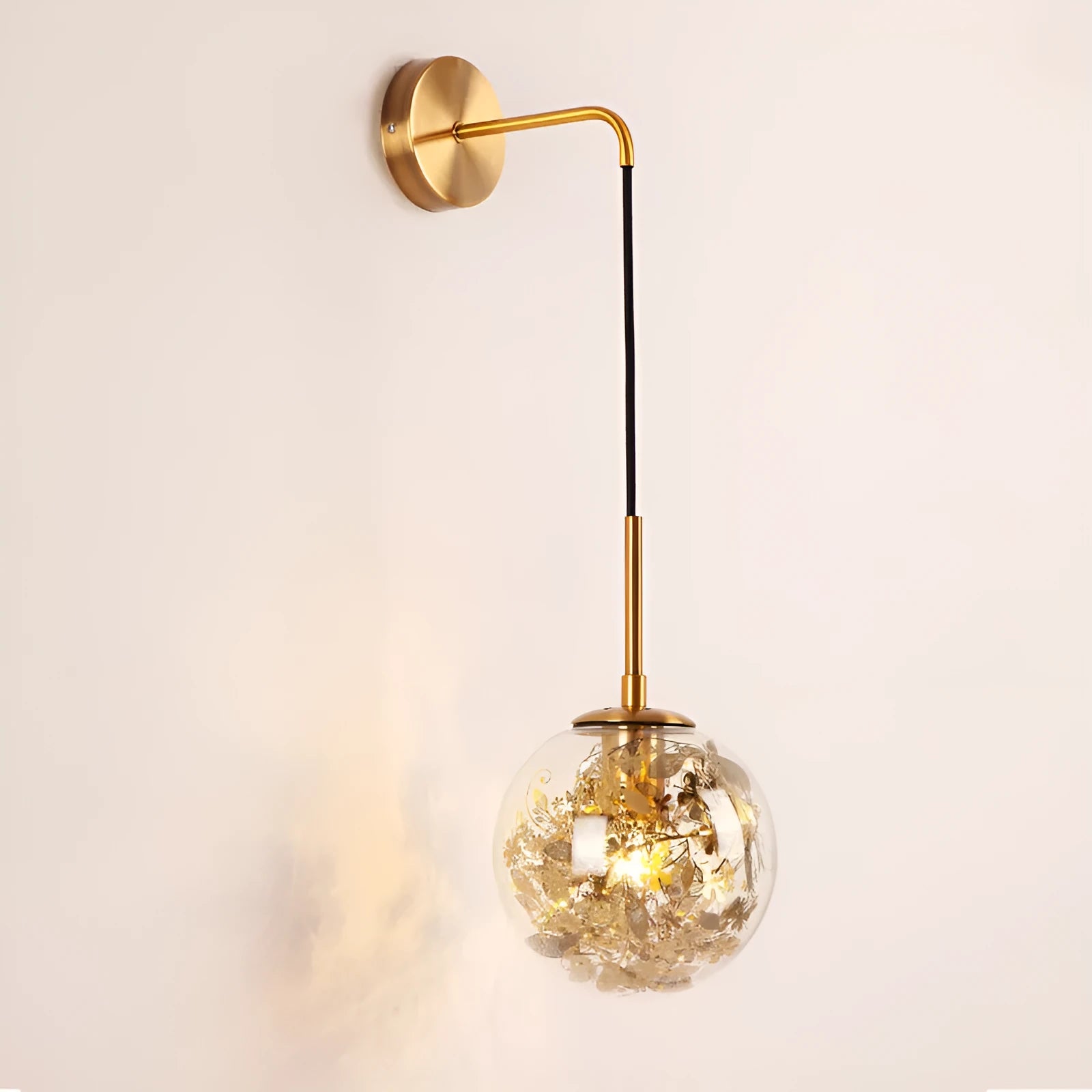 Modern glass wall mounted bedside lamp with LED light in golden flower finish