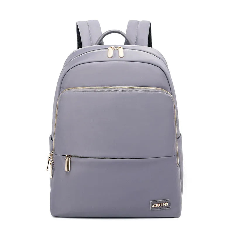 Large capacity women's Oxford cloth backpack in black and grey colours showing waterproof anti-theft design
