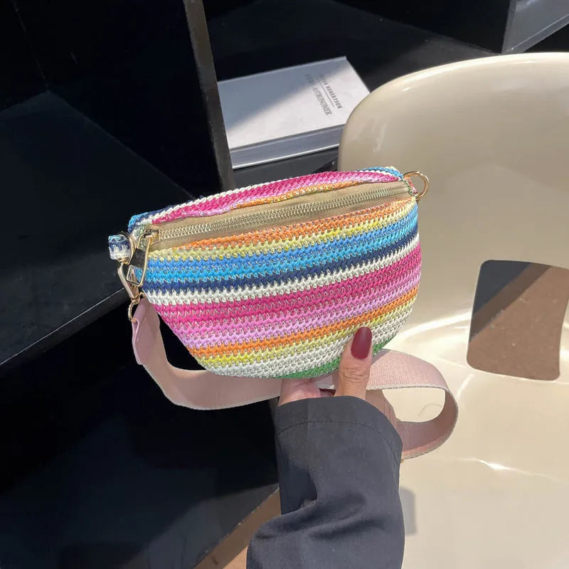 Straw woven women's beach shoulder bag with single strap in blue colour