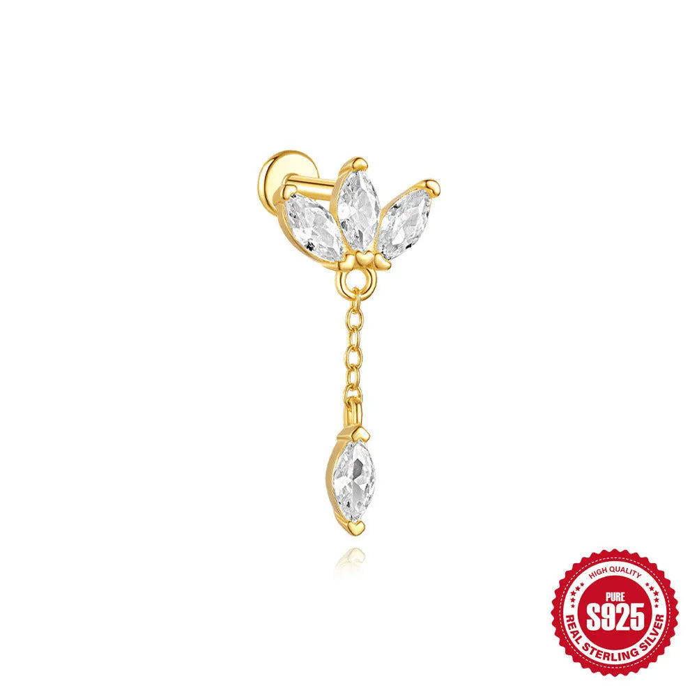 S925 sterling silver water drop earrings with flat spiral puncture design in single gold colour