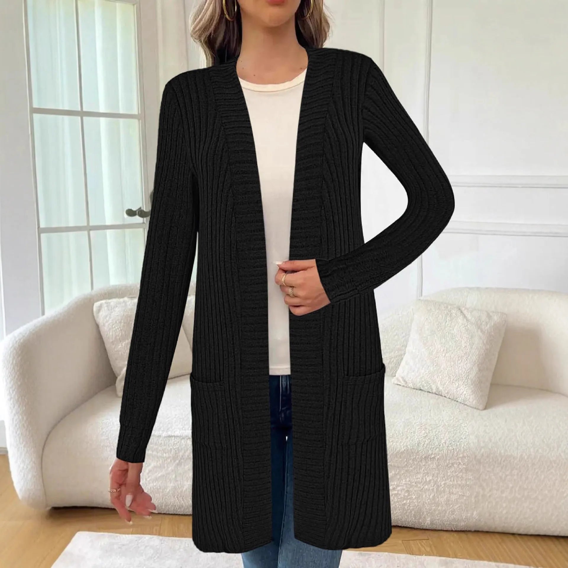 Long sleeve loose pocket knitted cardigan jacket in a relaxed fit, shown in black, grey, or wine red.