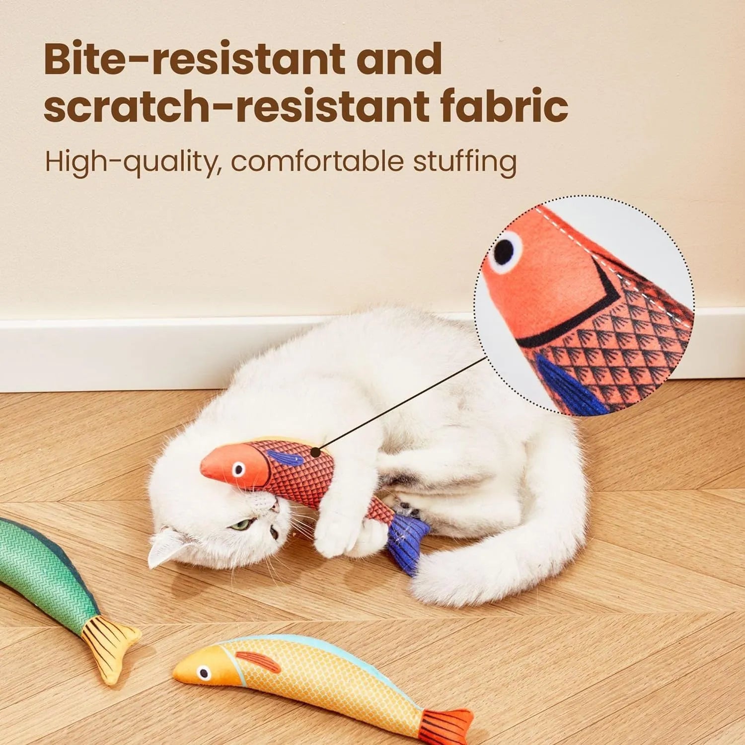 Green fish-shaped cat toy with organic catnip filling for indoor exercise