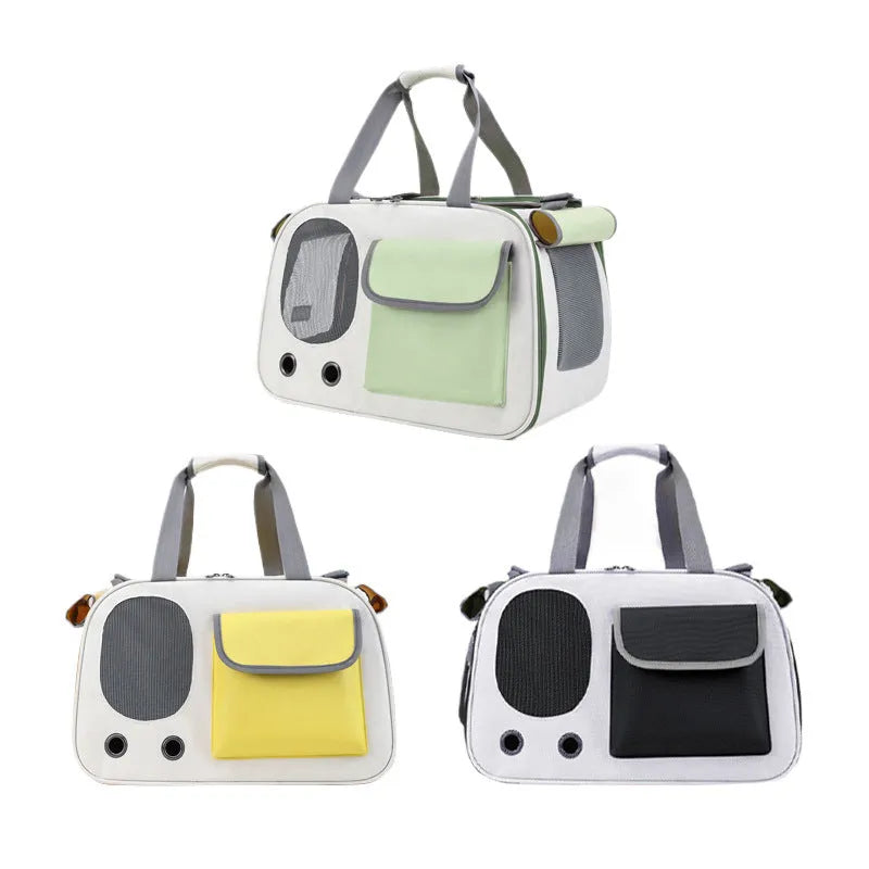 Foldable canvas pet carrier bag with shoulder strap in black colour