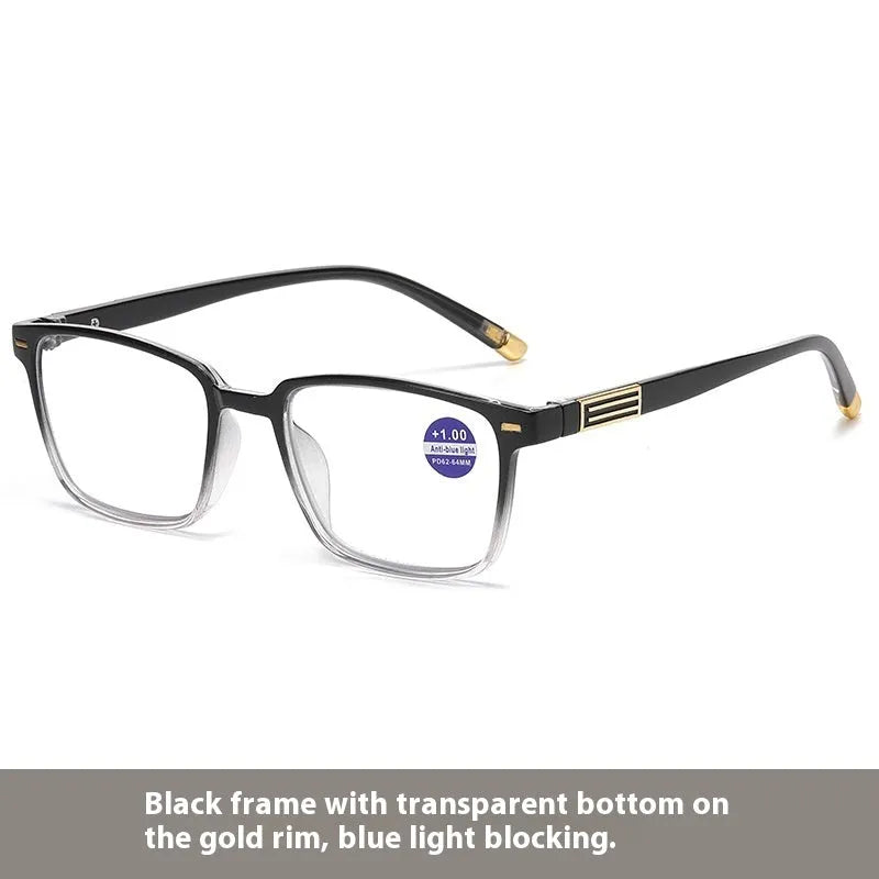 Multifocal reading glasses with anti-blue light and photochromic lenses in black frame with gold accents