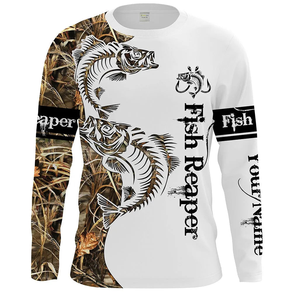 Men's grey pullover with a large printed blue fish design on the front, featuring long sleeves and a round neck.