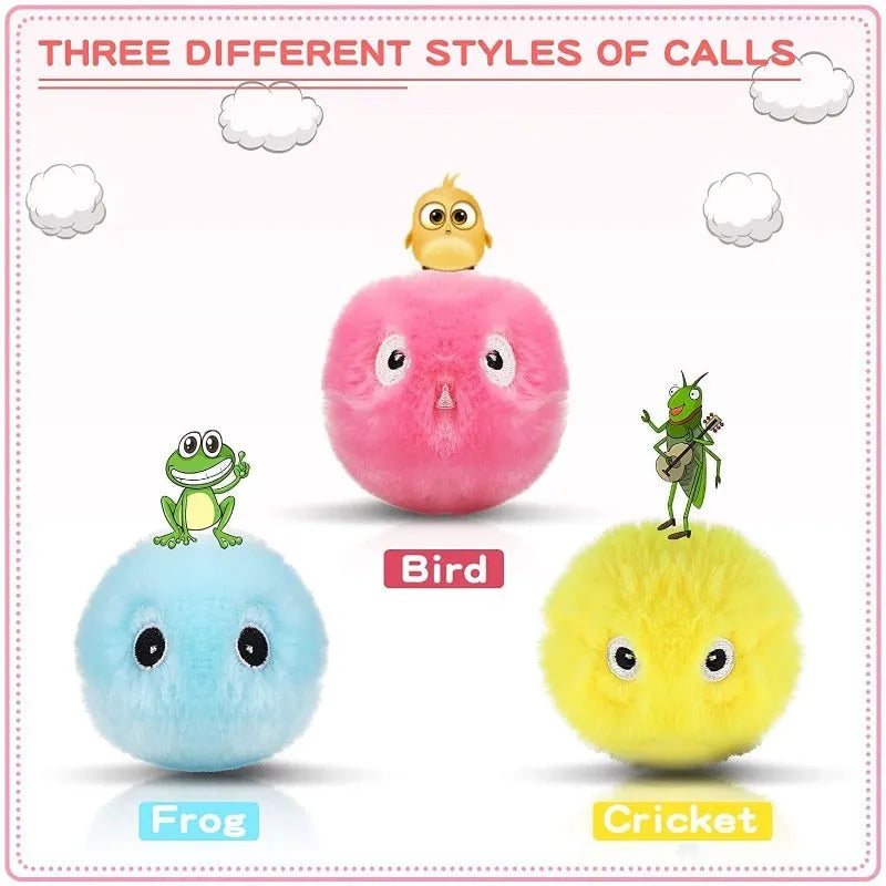Interactive cat toy ball producing animal sounds when touched, available in blue, pink, and yellow