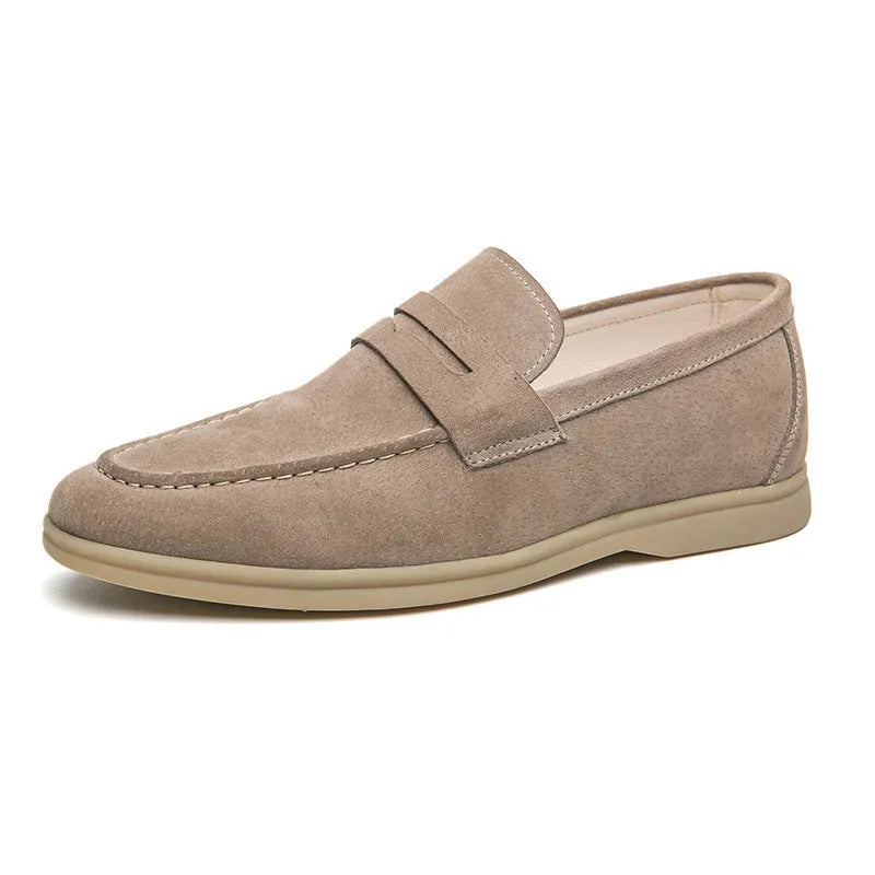 Men's beige leather slip-on shoes with round toe and rubber sole