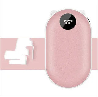 Compact rechargeable hand warmer and power bank with digital display in assorted colours.