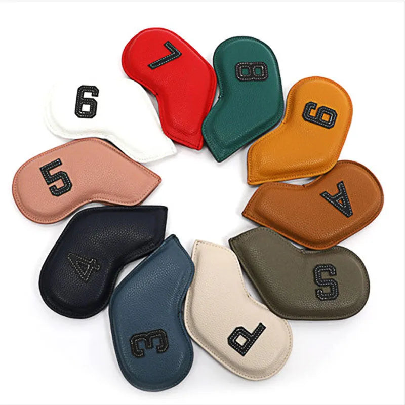 Set of 10 PU golf club head covers with minimal digital print in mixed colours