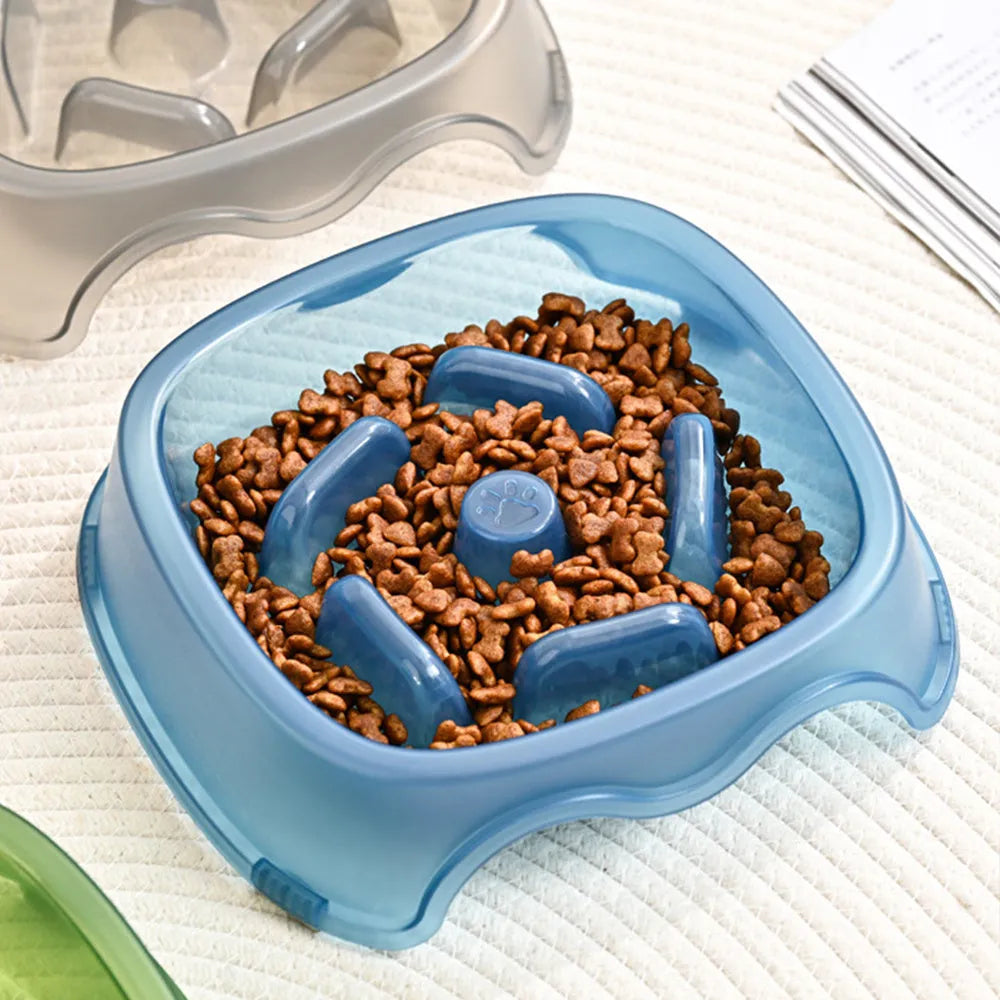 Plastic slow feed anti-choking dog bowl in blue, grey, green, or orange colour