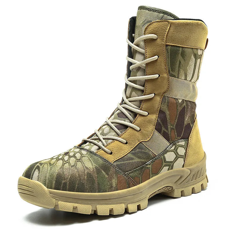 Men's black and camouflage high-top combat boots with mesh upper and totem detailing