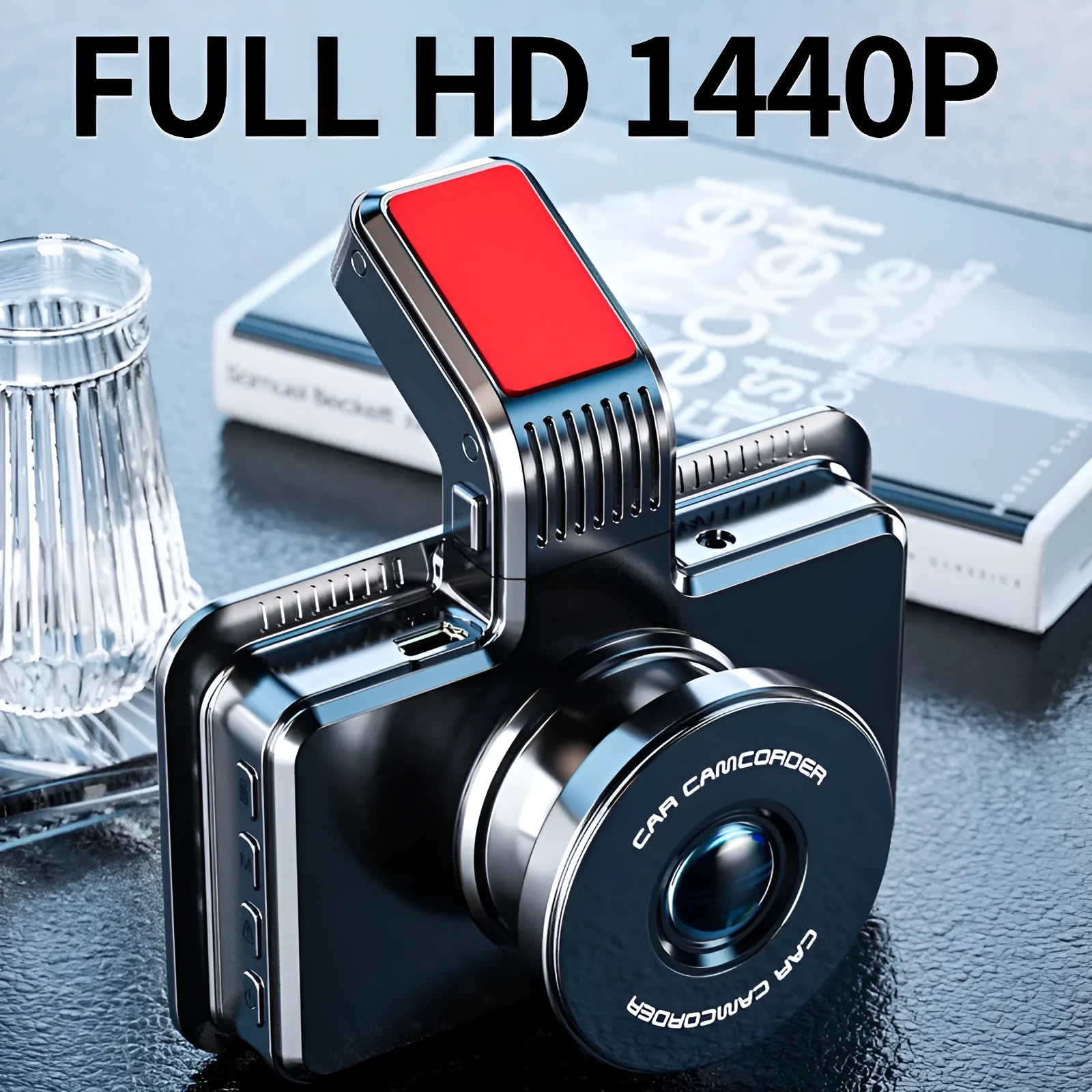 Black car DVR dash cam with a 3-inch screen and a separate camera module for dual lens recording.