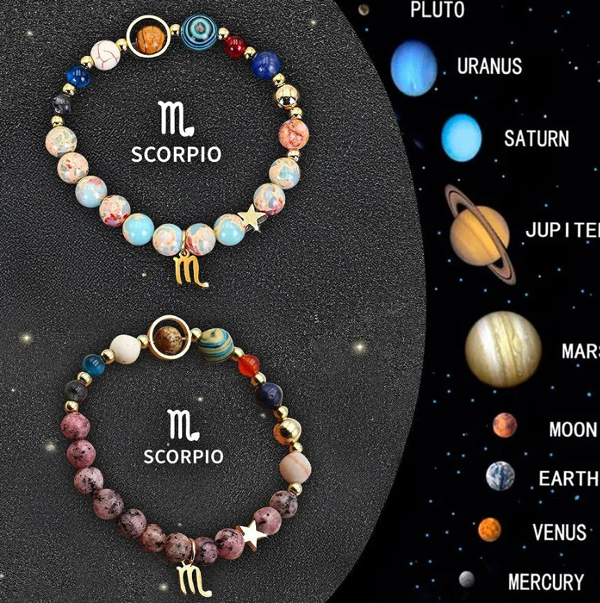 Two natural stone beaded bracelets showing zodiac symbols on an adjustable knotted string.