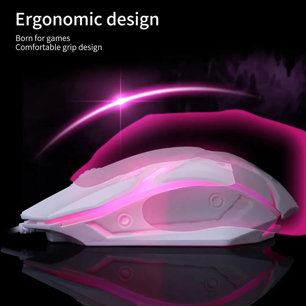 Wired black and white luminous computer mouse with USB cable on desktop