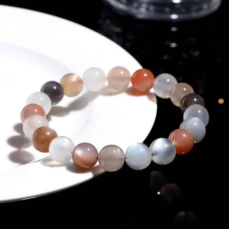 Natural moonstone bracelet with 8mm colourful moon light beads on wrist