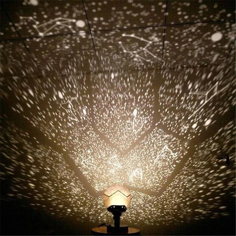 LED starry sky projector displaying constellation patterns on ceiling with remote control