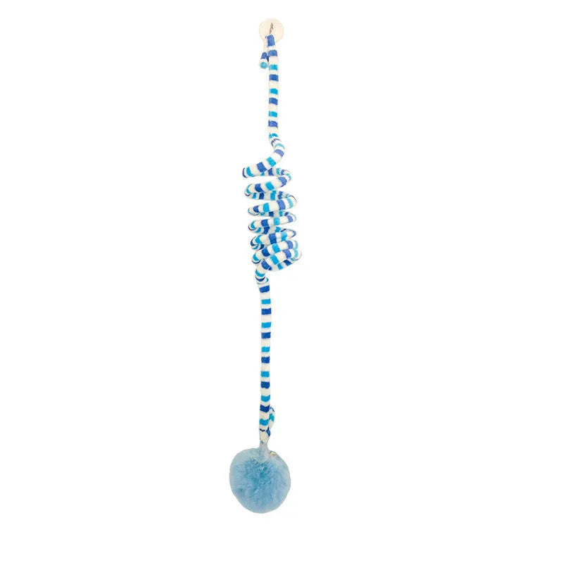 Cat toy with colourful inflatable bell ball on flexible wand and suction cup for door mounting