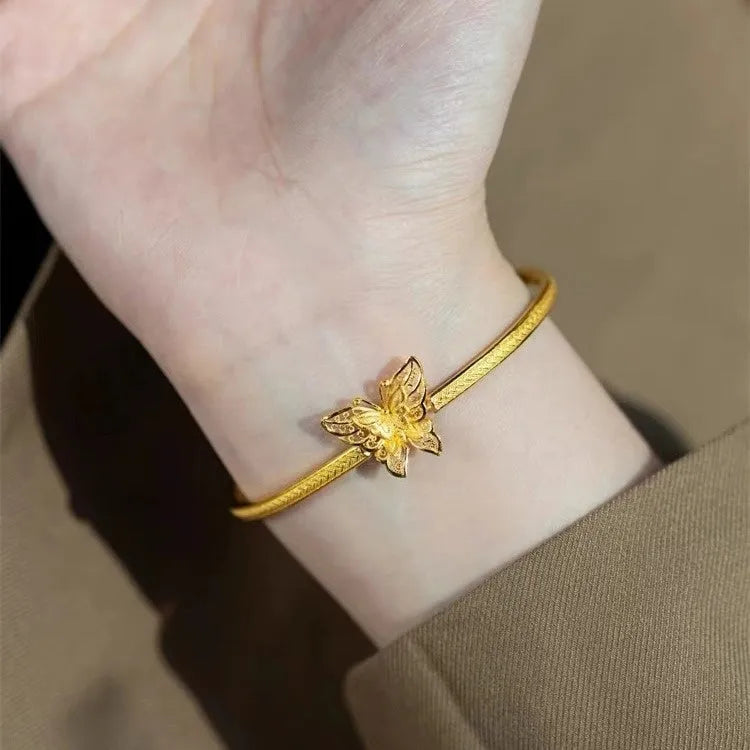 Copper half bracelet with New Chinese retro hemp pattern and ancient silk butterfly motif, electroplated finish