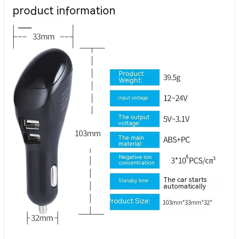 White car USB charger with integrated air purifier showing compact 103mm design
