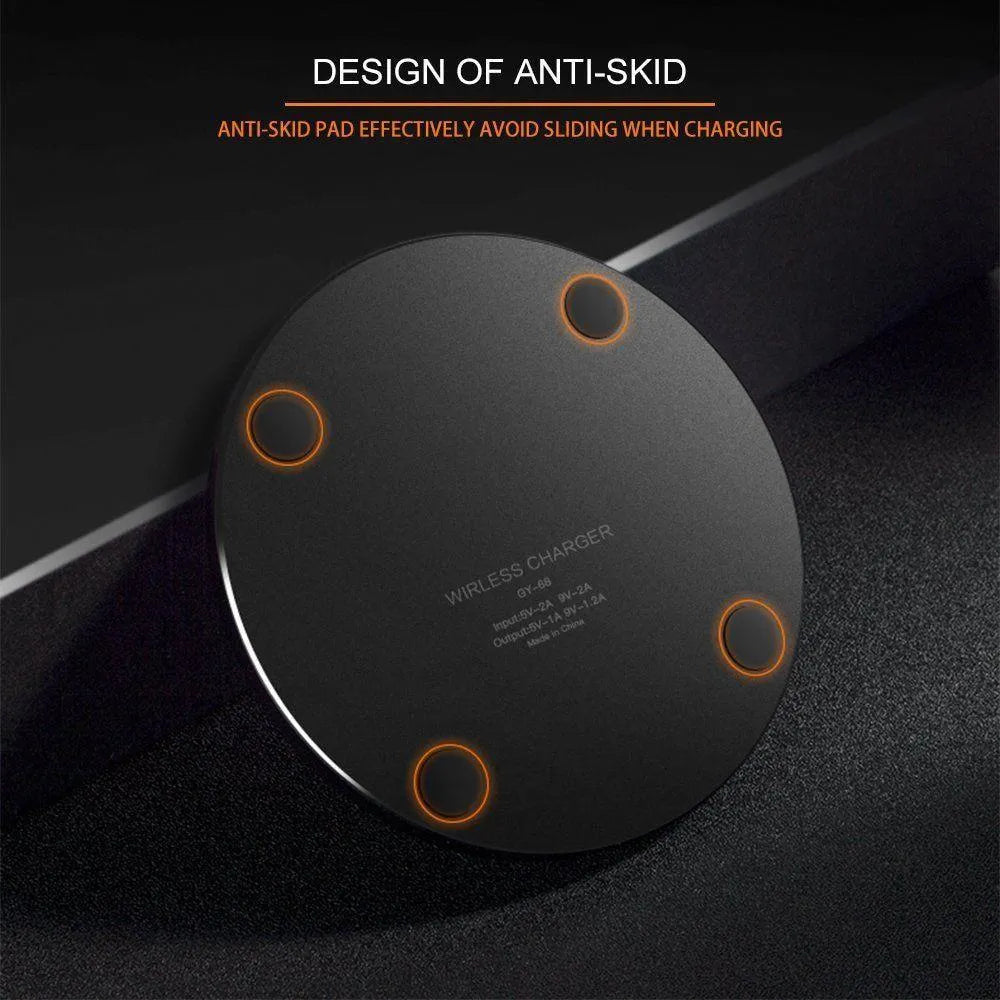 Black ultra-thin wireless charging pad with 98mm square surface for smartphone fast charging