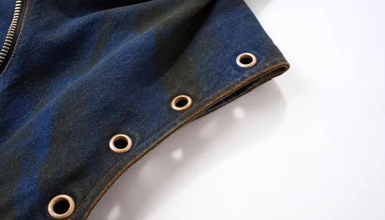 Blue Korean-style denim hooded vest coat with matching trousers laid flat.