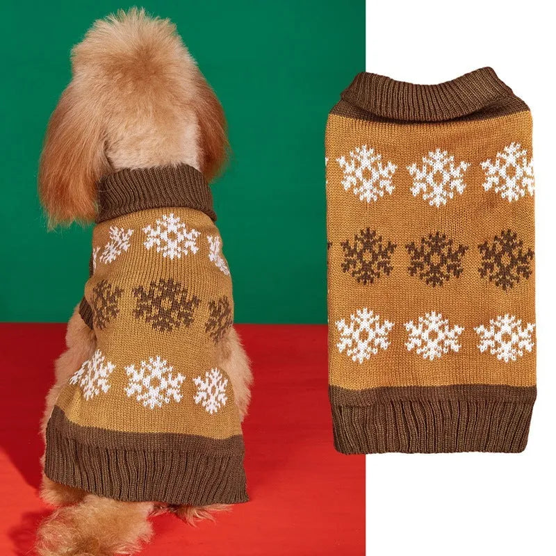Dog wearing acrylic Christmas sweater in dark brown and grey colours for seasonal holiday wear