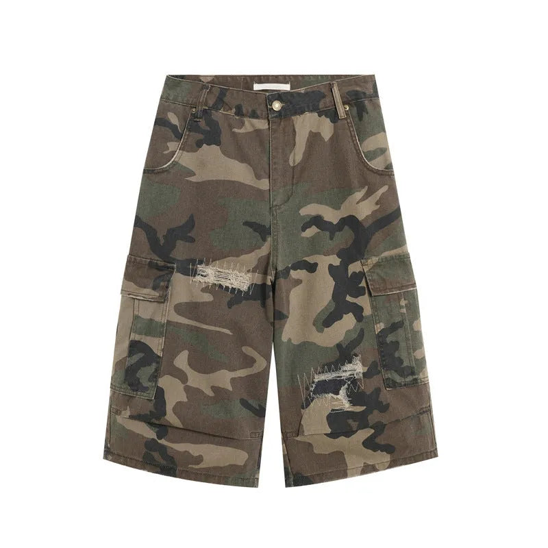 Men's camouflage cropped jeans with retro patch ripped detailing on straight cut loose fit