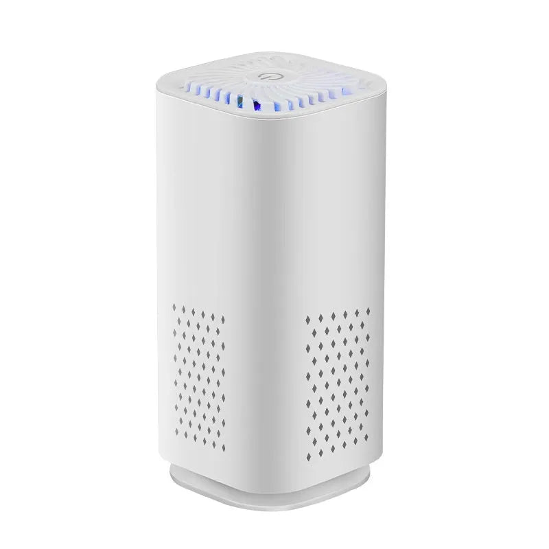 Black and white mini USB air purifier for car and home use with HEPA filter.