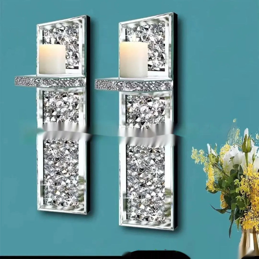 Pair of silver mirror glass candle holders with wall hanging design for modern living rooms