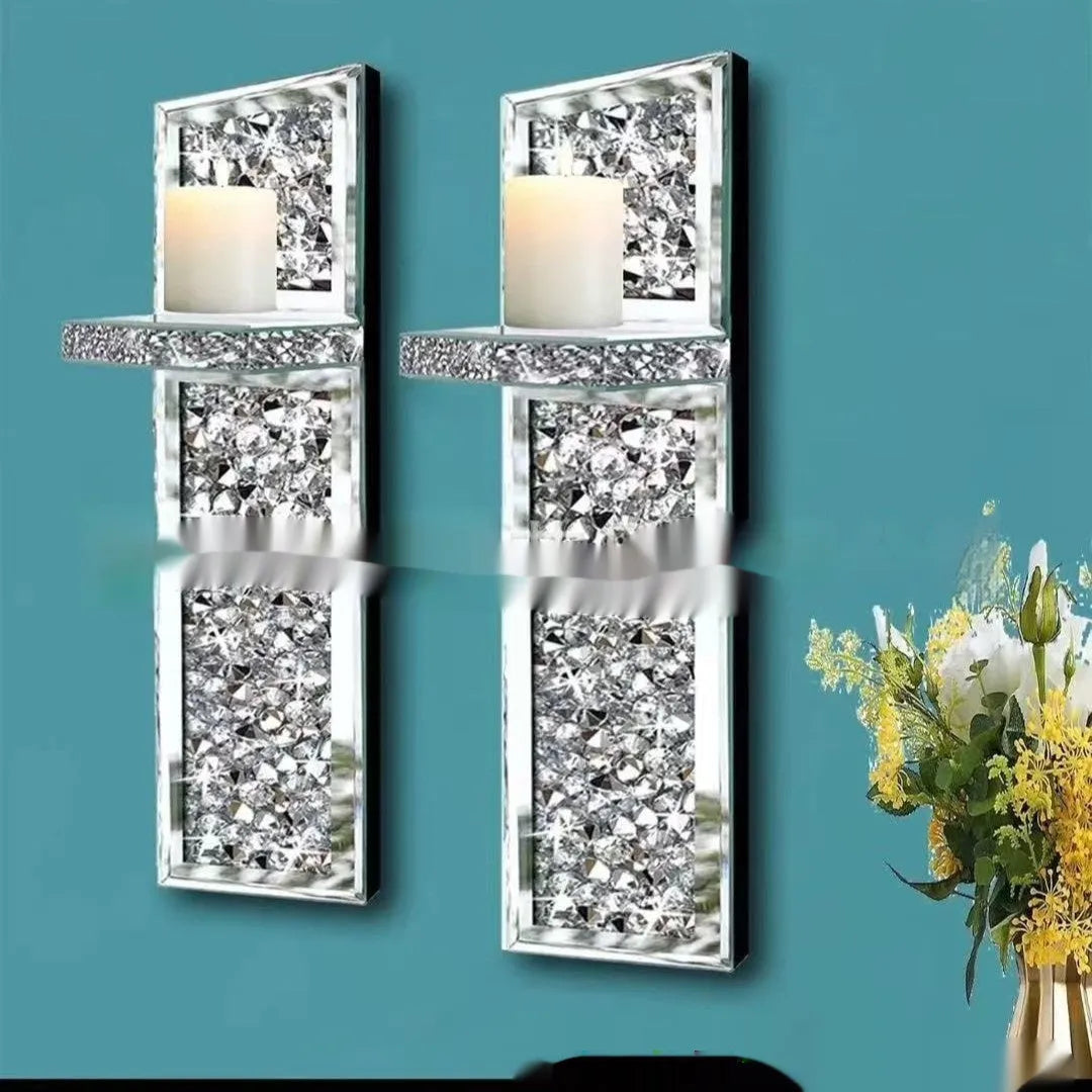 Pair of silver mirror glass candle holders with wall hanging design for modern living rooms
