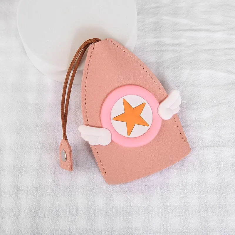 Cartoon design pull-out car key case made from soft PU leather, showing approximate size.