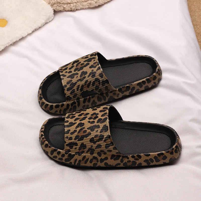 Women's leopard print EVA slippers with thick sole, shown in multiple colour variants.