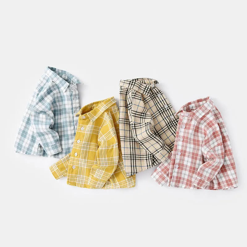 Boy's cotton lattice shirt with animal cartoon pattern in khaki, blue, pink, or yellow