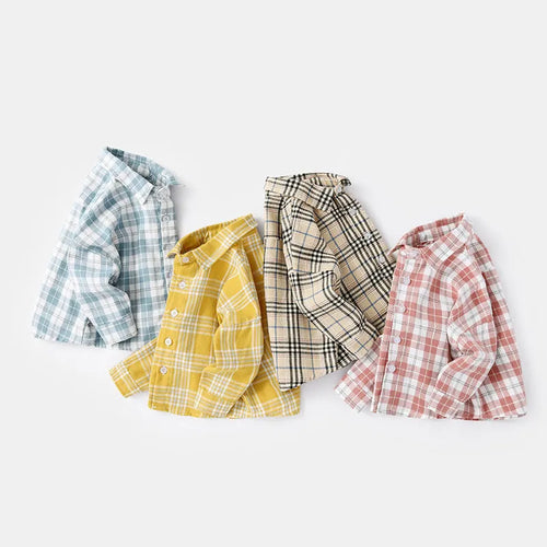 Boy's cotton lattice shirt with animal cartoon pattern in khaki, blue, pink, or yellow