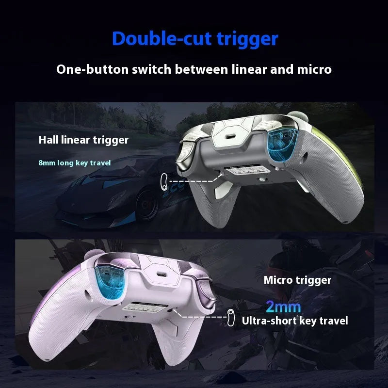 Rocker Smart gaming controller on charging base in black, green, or purple colour with Type-C port